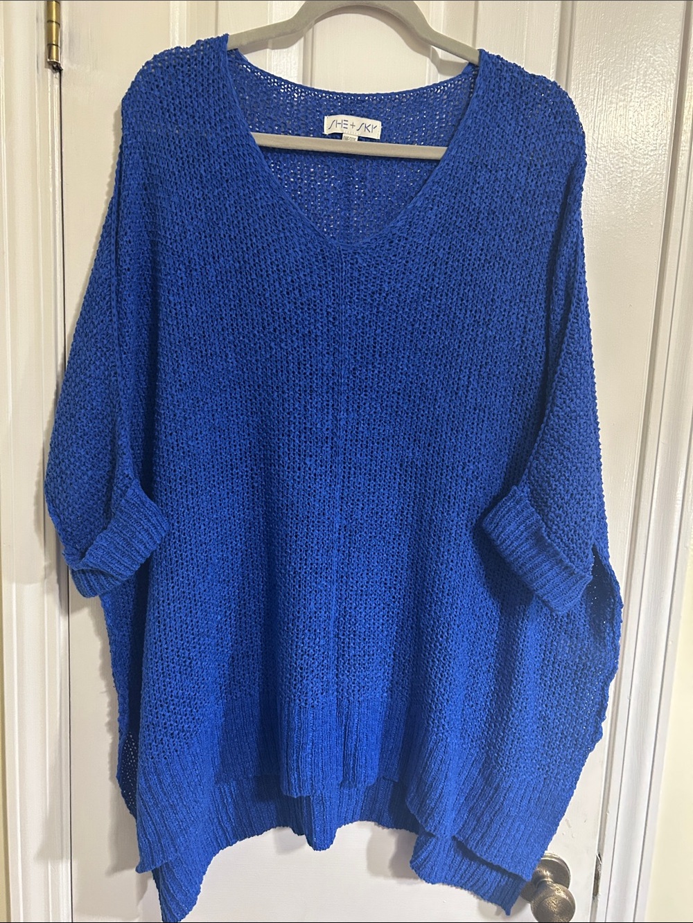 She+Sky, Knit Style V-Neck Oversized Sweater - Cobalt Blue, One Size
